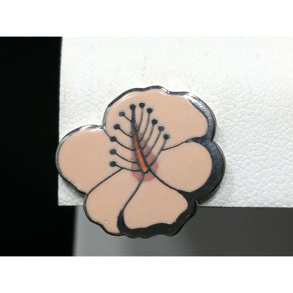 Laurel Burch "Hibiscus" Pink Post Earrings, Rhodium Plated Silver Tone, 1980s - Picture 2 of 10